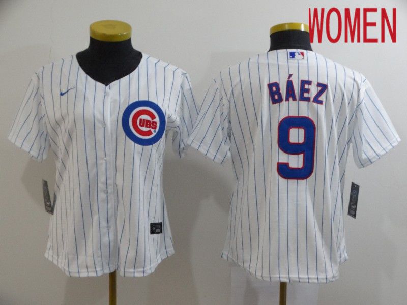 Women Chicago Cubs #9 Baez White Game Nike MLB Jerseys